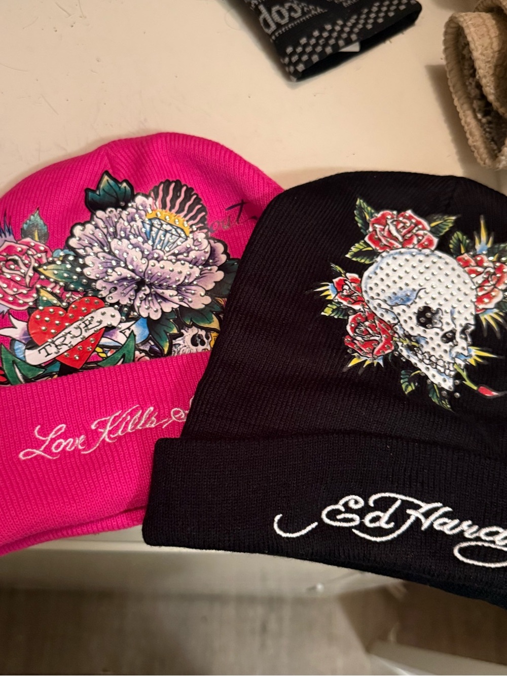 Ed Hardy Kids Knit Hats — Hot Pink & Black Floral and Skull Graphics